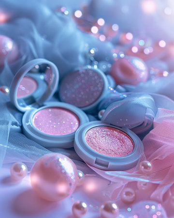 pink eye shadows and blush on white background with bokehの素材