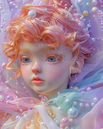 Closeup of a doll face with pink hair and blue eyes.の素材