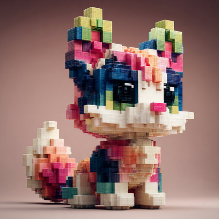toy cat made of cubes on a pink background. 3d renderingの素材