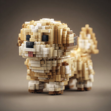 3d illustration of a wooden dog figure made out of cubes.の素材