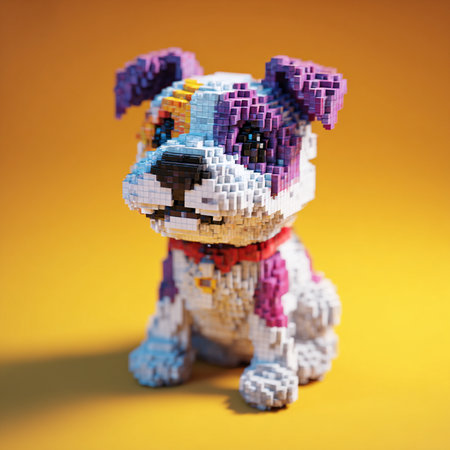 Funny pixelated dog on yellow background. 3d illustration.の素材