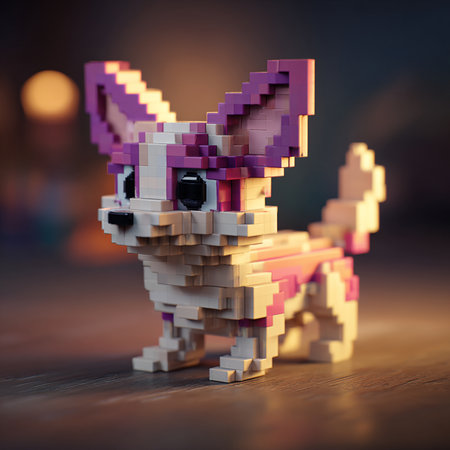 3D render of a dog made of plastic blocks on a wooden surfaceの素材