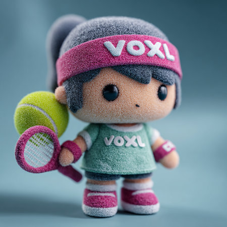 Tennis player doll with tennis racket and ball on blue background.の素材