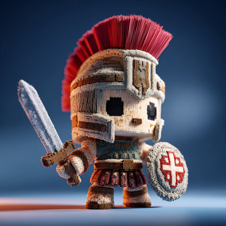 Viking warrior with a sword and shield on a blue background.の素材