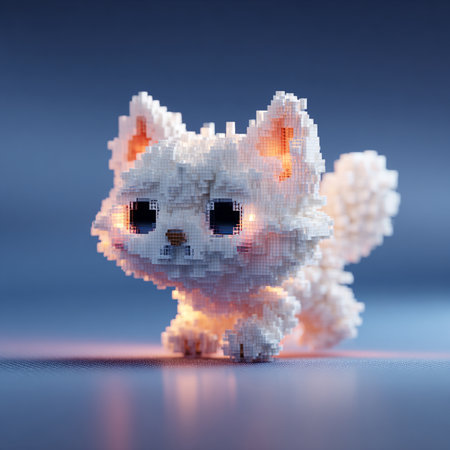 Cute pixelated cat on blue background. 3D rendering.の素材