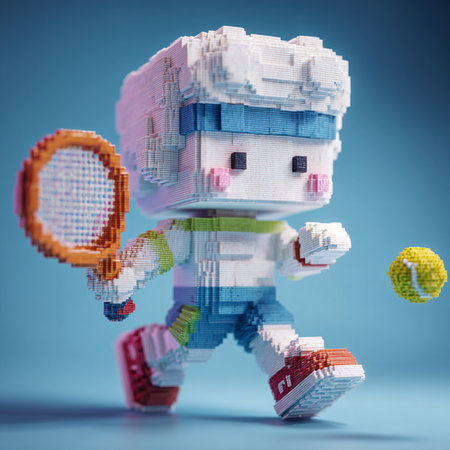 Lego figure with tennis racket and ball on blue background. Studio shot.の素材