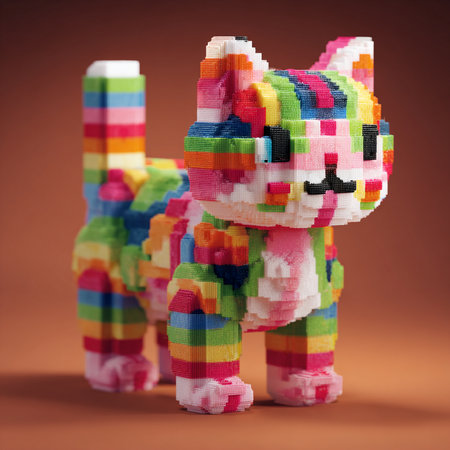 Plasticine cat made of colorful plasticine on brown background.の素材