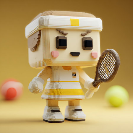 Tennis minifigure with racket and ball on yellow background.の素材