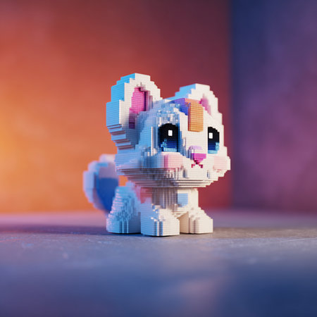 3d render of a robot made of plastic blocks on a blue backgroundの素材