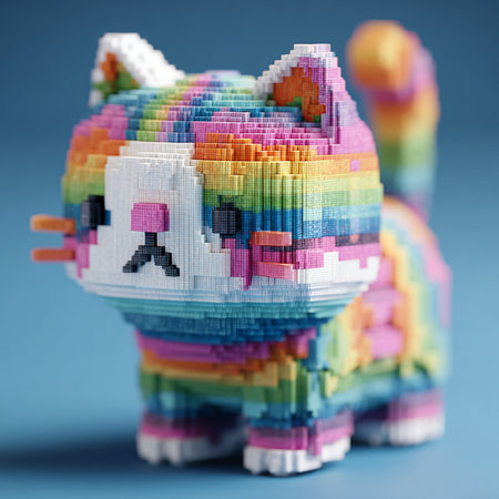 close up of a colorfull plastic toy cat on a blue backgroundの素材