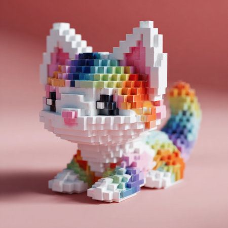 Futuristic pixelated cat made of colorful plasticine on pink backgroundの素材
