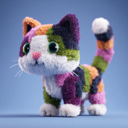 Funny cat made of multicolored wool on a blue backgroundの素材