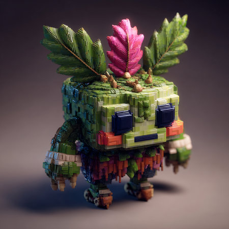 Vintage tin toy turtle with red and green feathers on a dark backgroundの素材