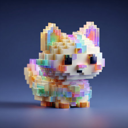 Cute cat made of colorful cubes. 3D rendering illustration.の素材