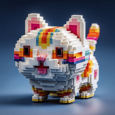 3d rendering of a white cat made of plastic blocks on a blue backgroundの素材