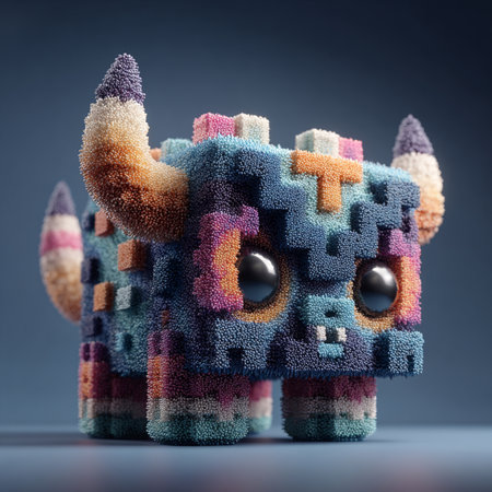Funny monster made of multicolored foam on a blue backgroundの素材