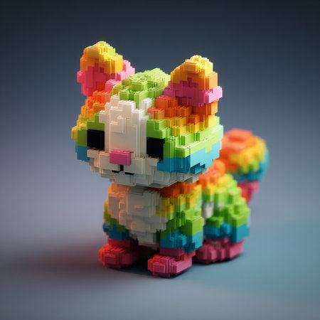 Colorful plastic toy cat on a blue background. 3d renderingの素材