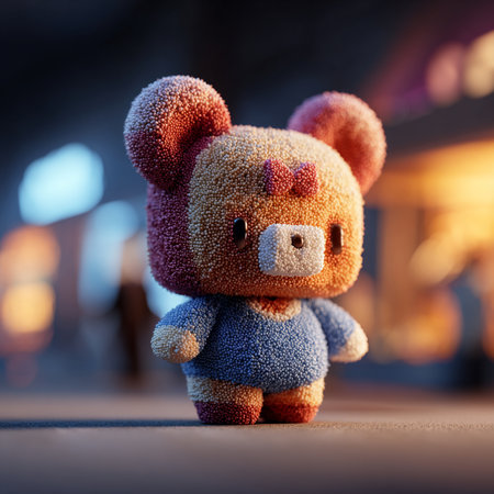 Cute toy bear on the street at night. Selective focus.の素材