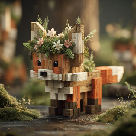 Wooden figurine of a fox with flowers in the forest.の素材