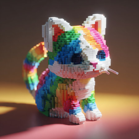 3d rendering of a cat made of colorful plastic blocks on a colored backgroundの素材