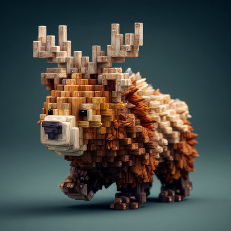 3d model of a bear made of wooden bricks on a gray backgroundの素材