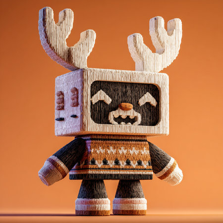 Wooden toy reindeer on a orange background. 3d illustrationの素材