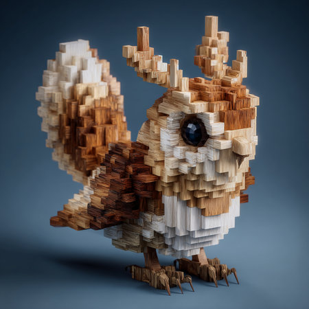 rooster made of wooden cubes on a blue background. 3d illustrationの素材