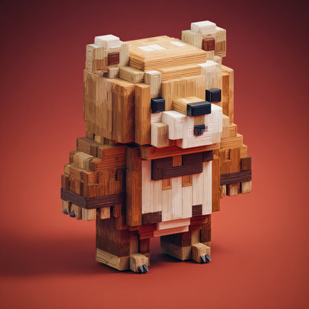 3d render of a wooden bear made of wood on a red backgroundの素材