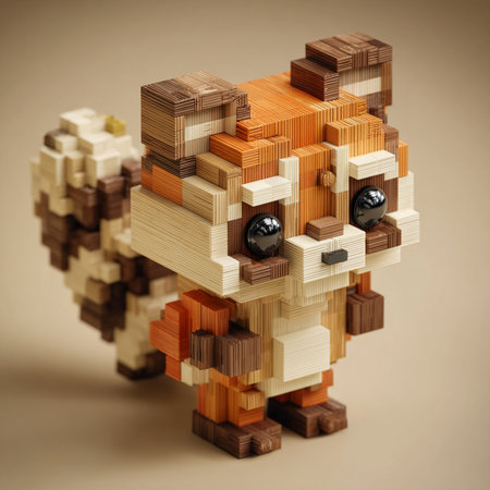 Wooden dog made of blocks, 3d render, square imageの素材