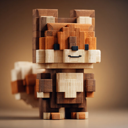 Wooden toy blocks in the form of a man on a brown backgroundの素材