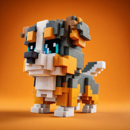 3D render of a lion figure made of plastic blocks on orange backgroundの素材