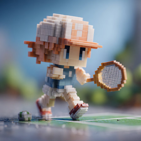 Close-up of a Lego minifigure with a tennis racket on a tennis courtの素材
