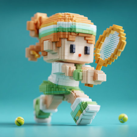 Tennis player with a tennis racket and ball on a blue backgroundの素材