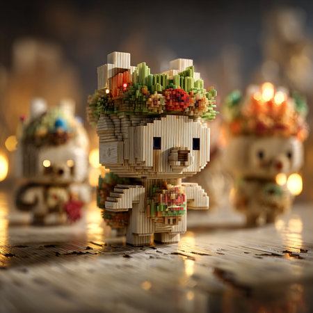 Lego minifigures on a wooden tableの素材