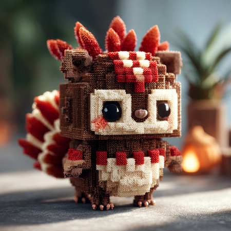 Cute handmade robot made of woolen yarn on a wooden backgroundの素材