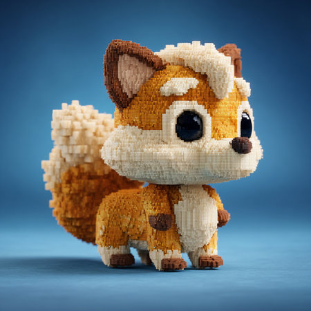 Cute cartoon dog made of cubes on blue background, 3d illustrationの素材