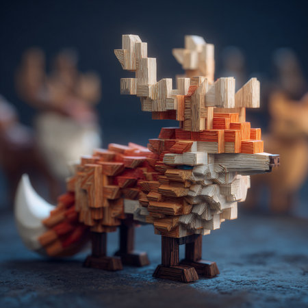 Wooden reindeer toy on a dark background. Selective focus.の素材