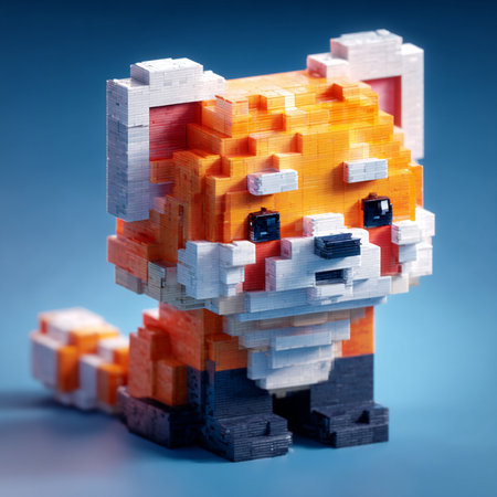 toy robot made of plastic bricks on blue background, closeupの素材