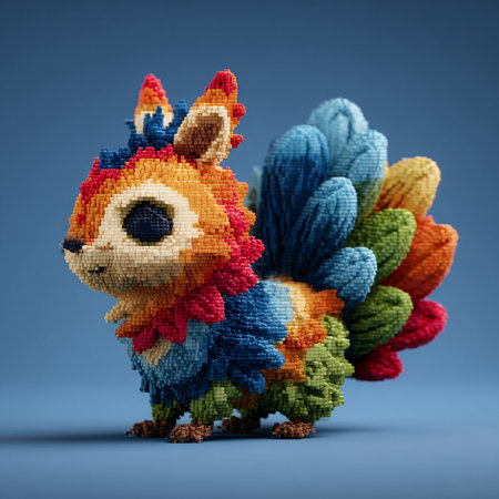 Rabbit made of multicolored yarn on a blue background.の素材