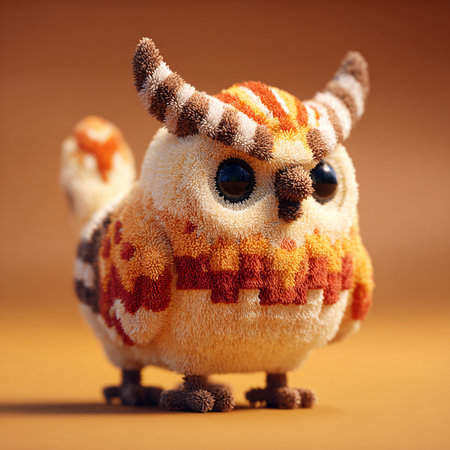Knitted owl on a brown background, close-up, selective focusの素材