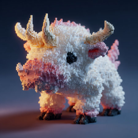 3D render of a fantasy dragon made of pixelated cubes.の素材