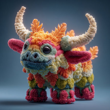 Funny toy cow made of wool on a blue background. 3d renderingの素材