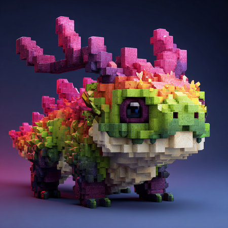 3D Render of a pixelated monster with antlers on his headの素材