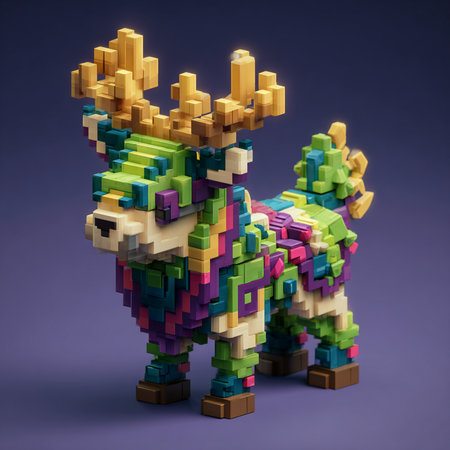 3D render of a colorful dog made of wooden blocks on a purple backgroundの素材