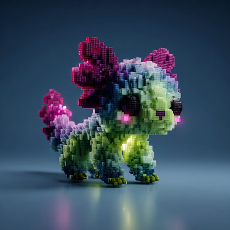 3D render of a colorful pixelated monster on a blue backgroundの素材