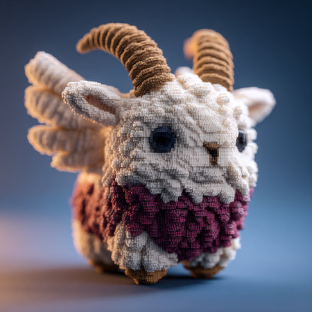 Handmade crochet sheep on a blue background. Selective focus.の素材