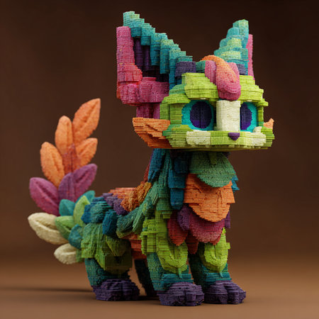 Cute cat made from colorful crocheted fabric on brown backgroundの素材