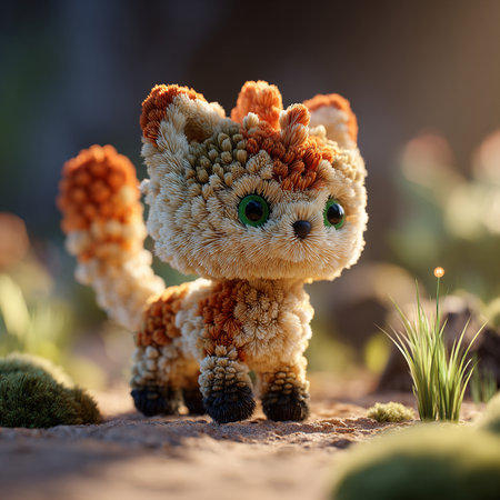 Plush toy cat with green eyes sitting on the ground in the gardenの素材