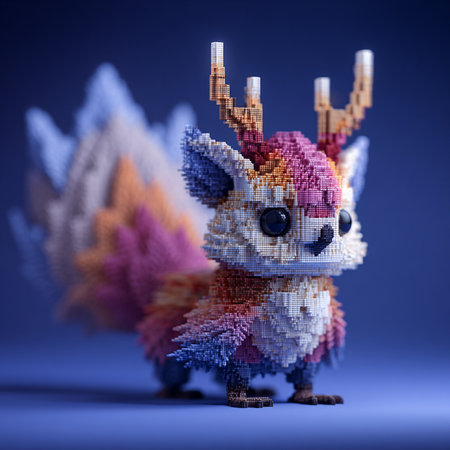 Cute little fox made of colorful pixelated pixels on blue backgroundの素材