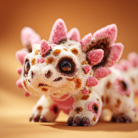 Cute little gecko toy on orange background, close-upの素材